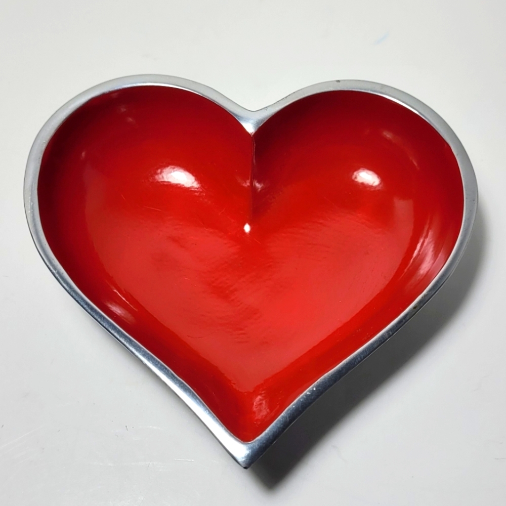 Happy Heart Bowl Polished Aluminum with Red Inside Like New